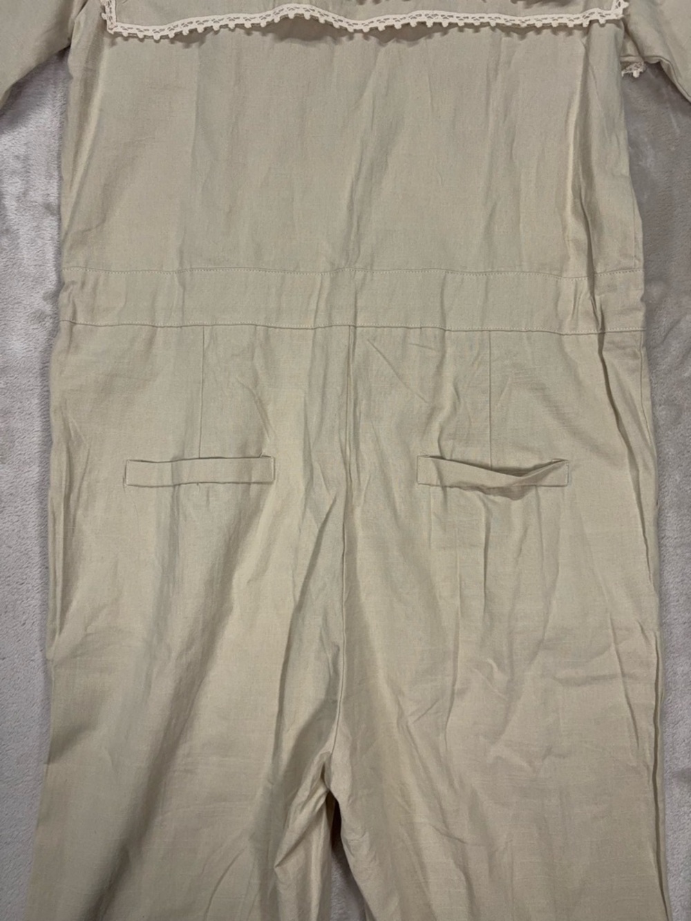 Cherrykoko Beige Lace Collar Jumpsuit Wide Leg Tie Waist Romper - Picture 14 of 14